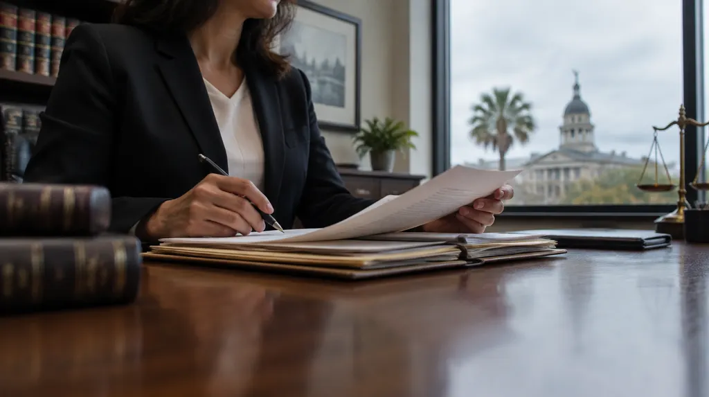 A lawyer reviewing a case file in a law office in South Carolina