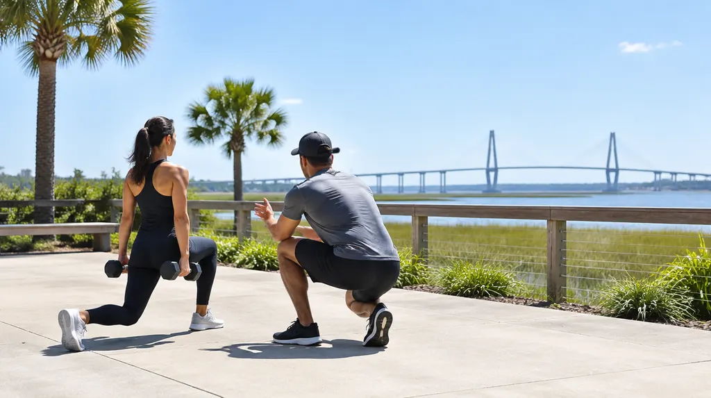 A personal trainer coaching a client with dumbbells in South Carolina