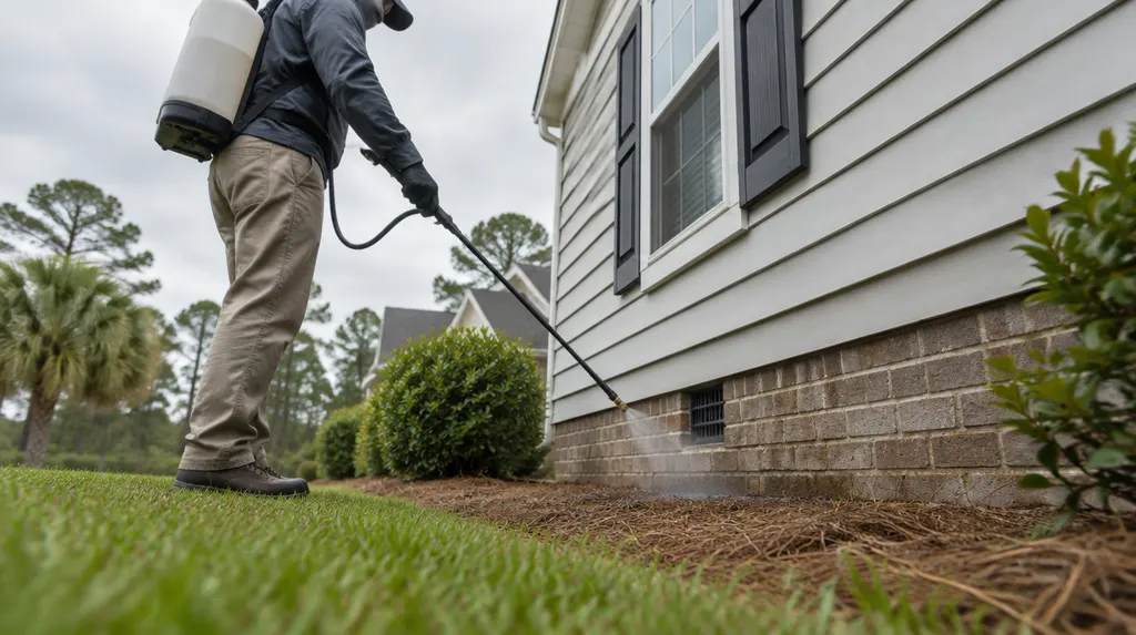 A pest control technician spraying the foundation of a house in South Carolina