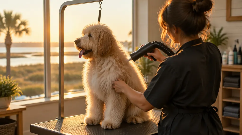 A groomer drying a fluffy dog in South Carolina