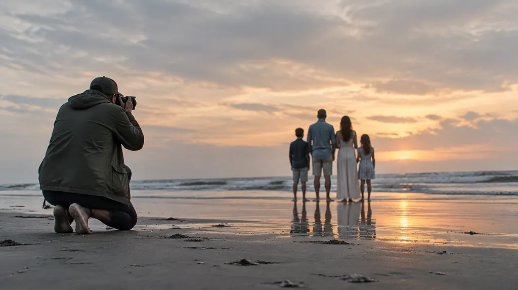 A photographer shooting a family on a beach at sunset in South Carolina