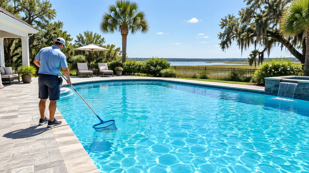 A pool technician skimming a sparkling backyard pool in South Carolina
