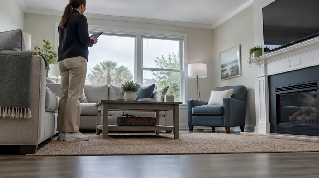 A property manager inspecting a rental living room in South Carolina