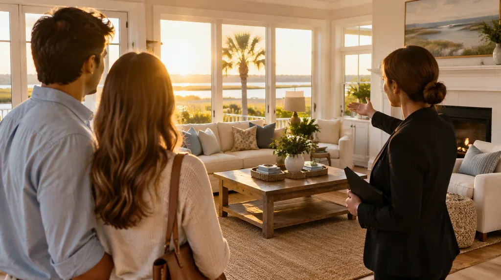 A real estate agent showing a bright living room in South Carolina