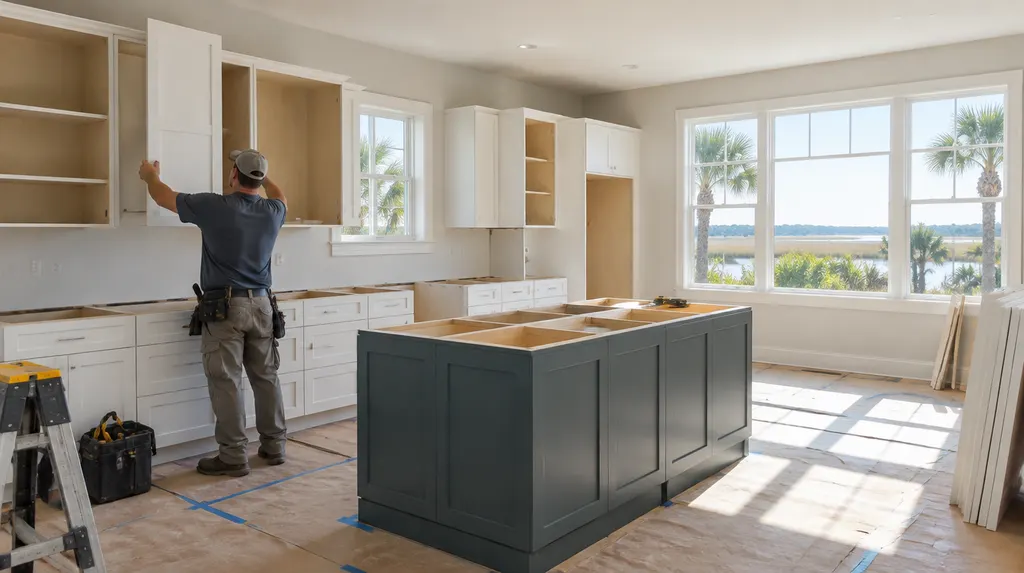 A remodeler installing new kitchen cabinets in South Carolina