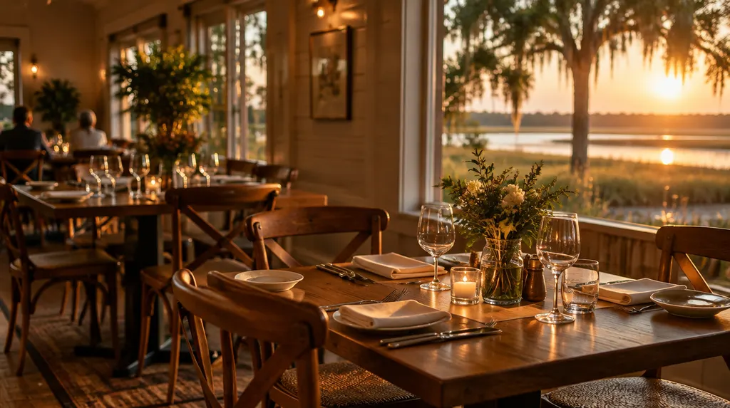 A cozy restaurant dining room with set tables in South Carolina