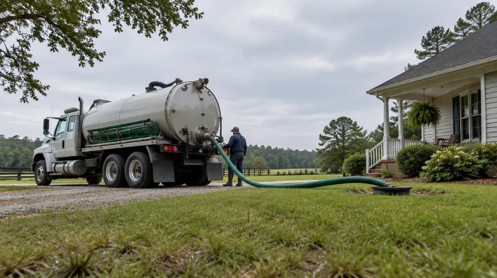 A septic pump truck parked beside a rural house in South Carolina