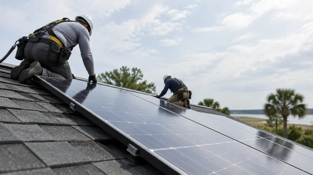 Installers mounting solar panels on a sunny roof in South Carolina