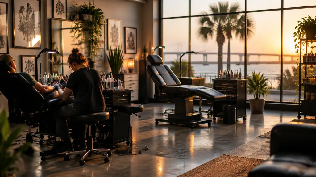 A clean modern tattoo studio with artist stations in South Carolina