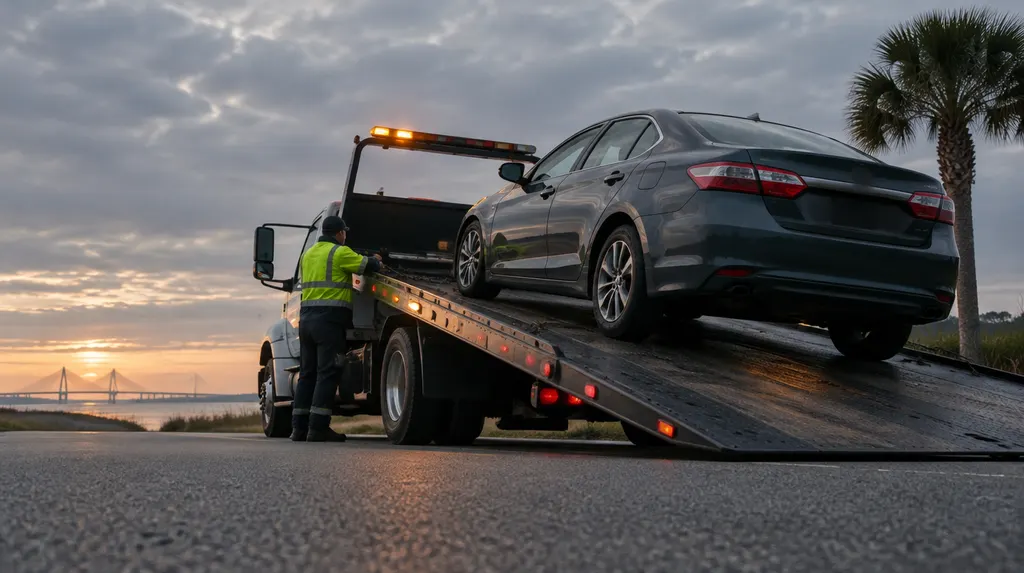 A flatbed tow truck loading a car at dusk in South Carolina