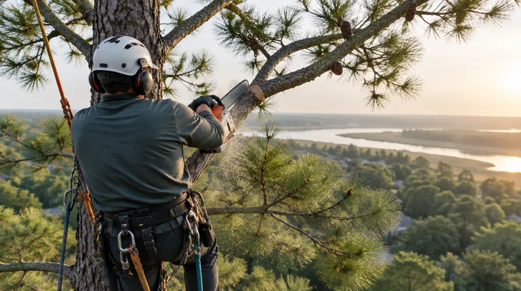 An arborist in a harness trimming a tall pine in South Carolina