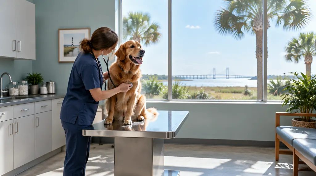 A veterinarian examining a happy dog on an exam table in South Carolina