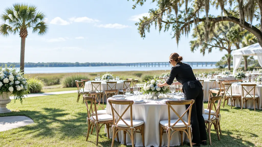 A wedding planner arranging a reception table in South Carolina