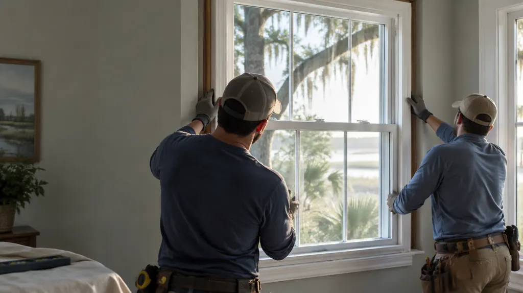 Installers fitting a new double-hung window in South Carolina