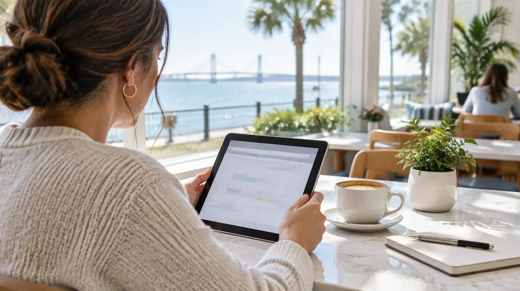 A small business owner reviewing a monthly website plan on a tablet at a café table