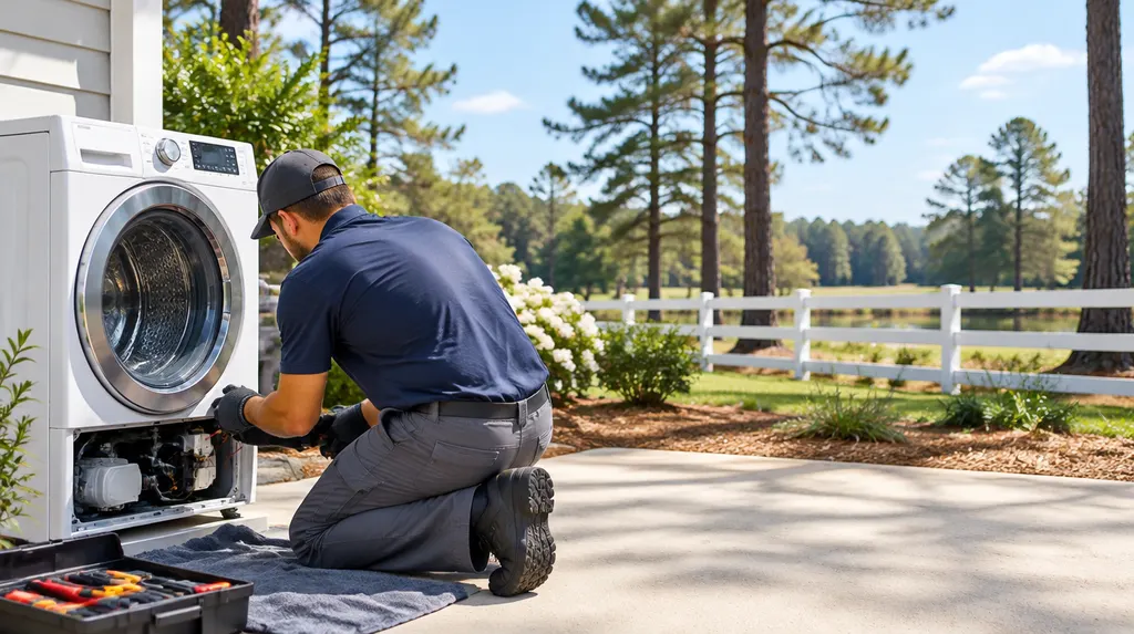 A technician fixing a front-load washer in Aiken, SC