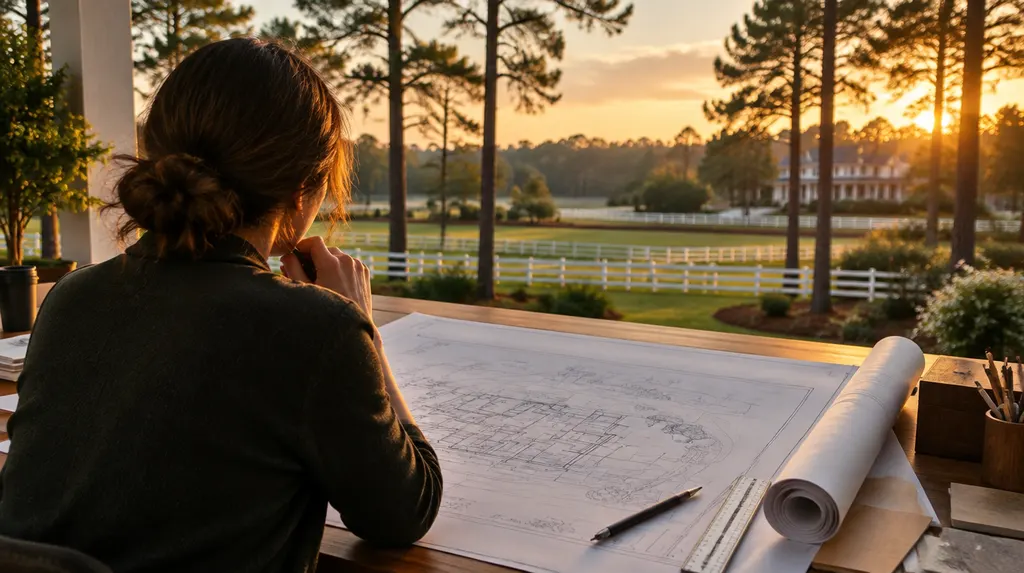 An architect reviewing blueprints at a drafting table in Aiken, SC
