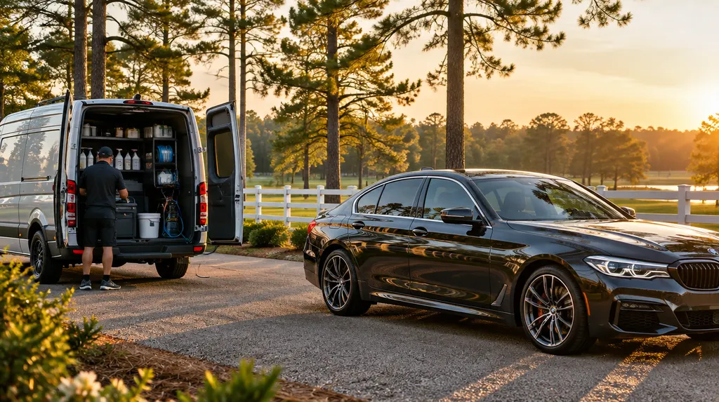 A mobile detailing van parked beside a gleaming sedan in Aiken, SC