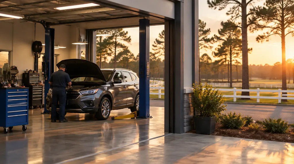 A clean auto shop service bay with a car inside in Aiken, SC