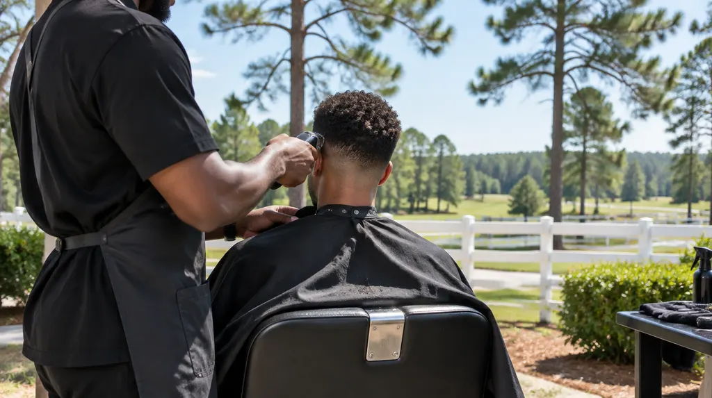A barber trimming a fade with clippers in Aiken, SC