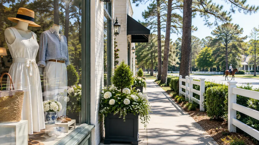A boutique window display on a sunny street in Aiken, SC