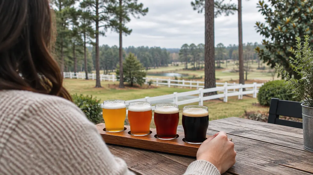 A flight of beers on a wooden board in Aiken, SC