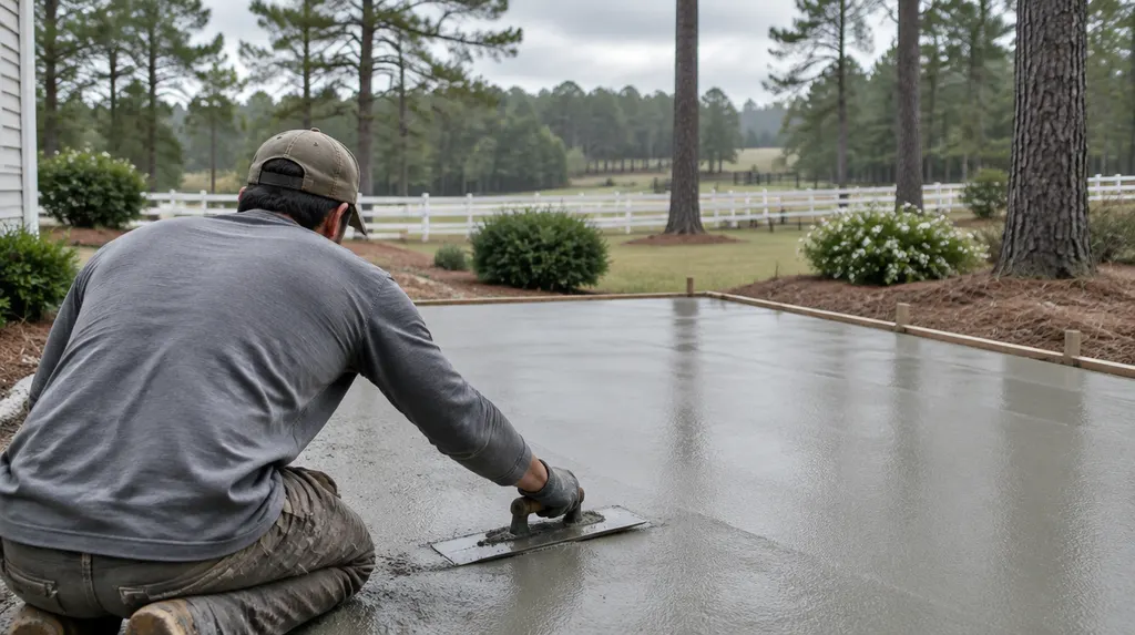 A finisher troweling a fresh patio slab in Aiken, SC