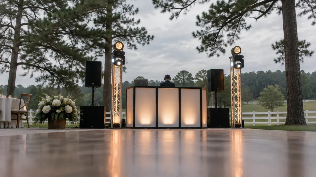 A DJ booth with lights at a wedding reception in Aiken, SC