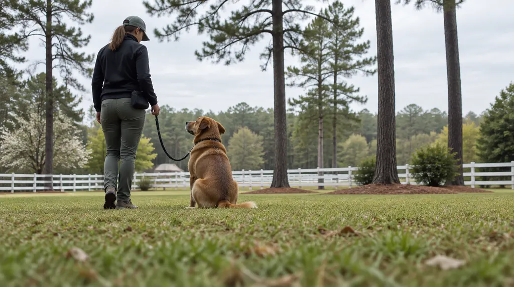 A trainer working with a dog on a leash in a yard in Aiken, SC