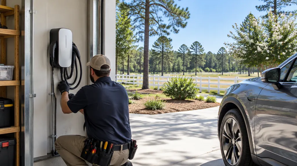 An electrician installing an EV charger in a garage in Aiken, SC