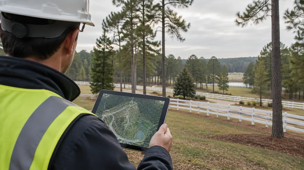 An engineer reviewing site plans on a tablet in Aiken, SC