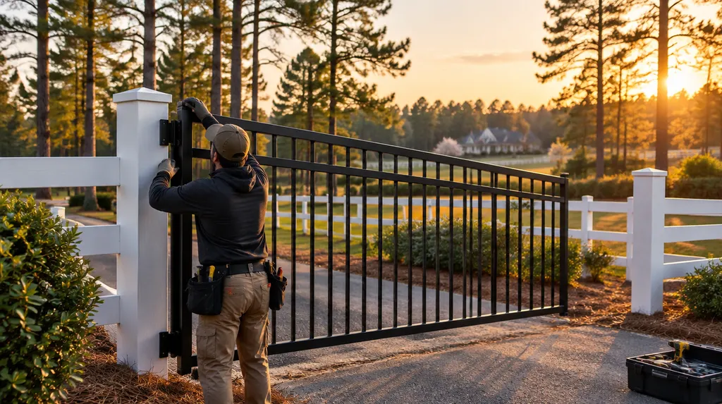 An installer hanging a black aluminum gate in Aiken, SC