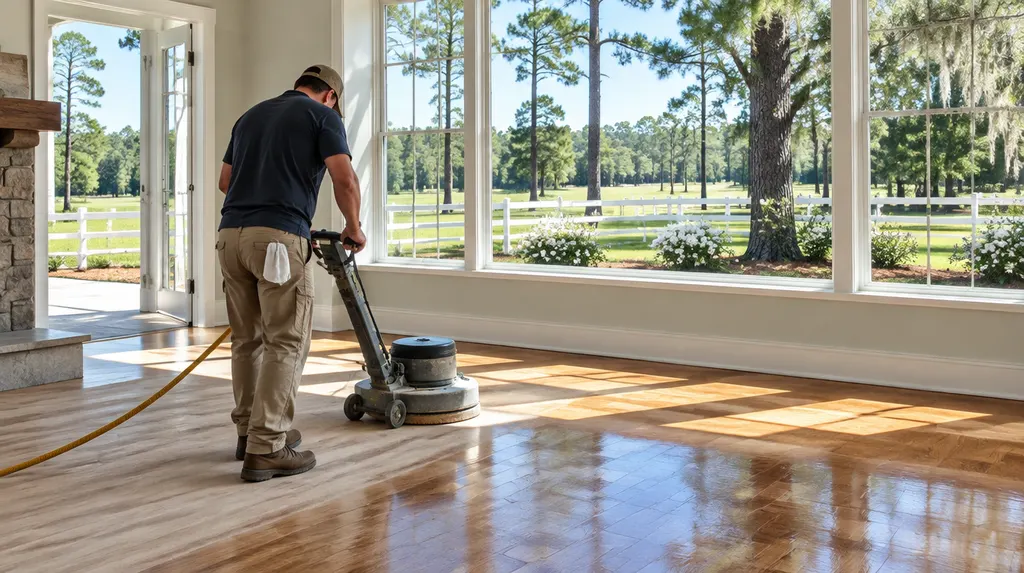 A craftsman refinishing a hardwood floor in Aiken, SC
