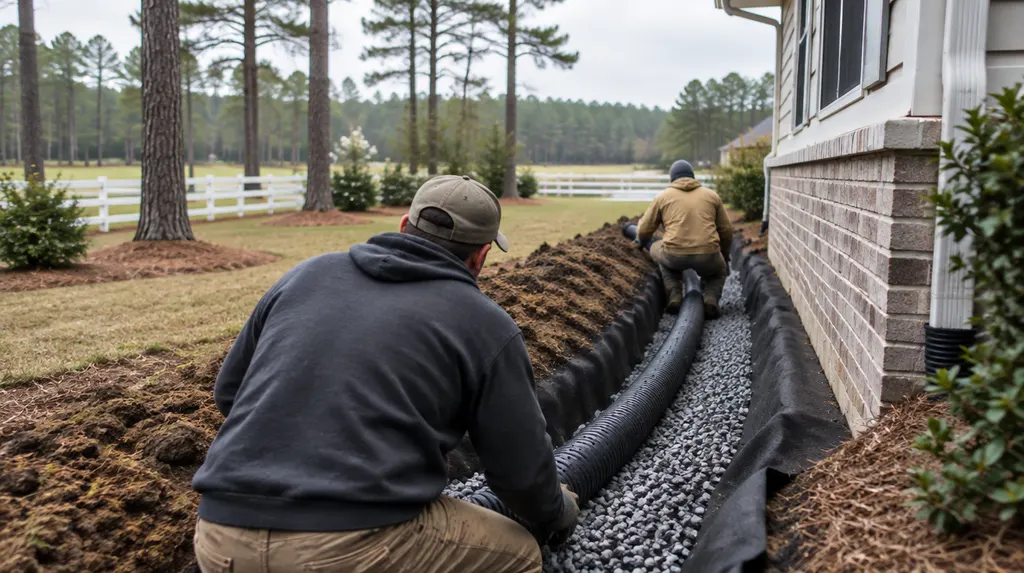 A crew installing drainage along a house foundation in Aiken, SC