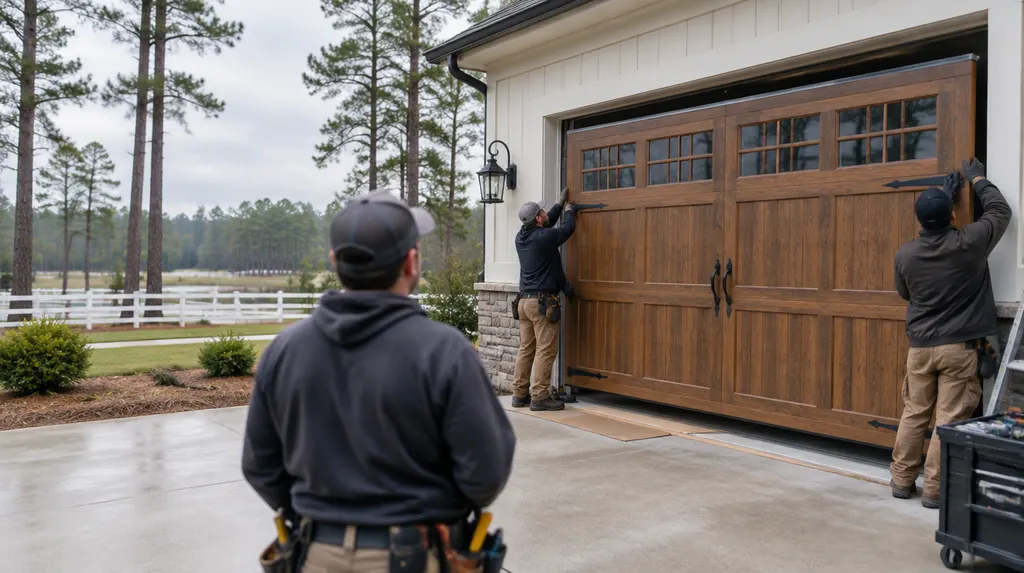 A crew installing a new carriage-style garage door in Aiken, SC