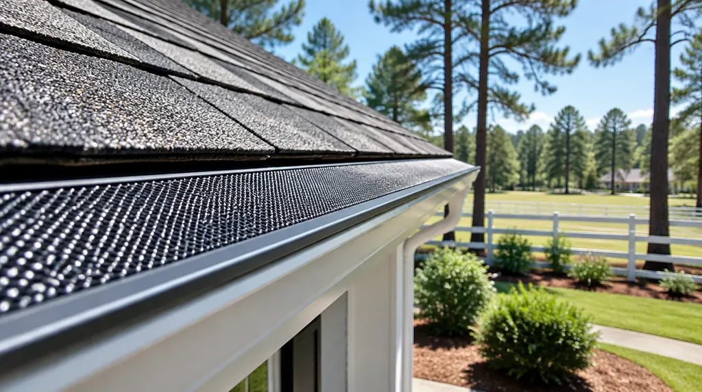 Close-up of new gutter guards on a roofline in Aiken, SC