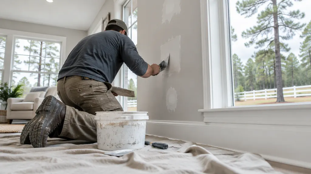 A handyman patching drywall in a bright room in Aiken, SC