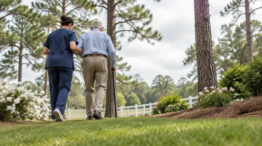 A caregiver helping an older man walk in a sunny garden in Aiken, SC