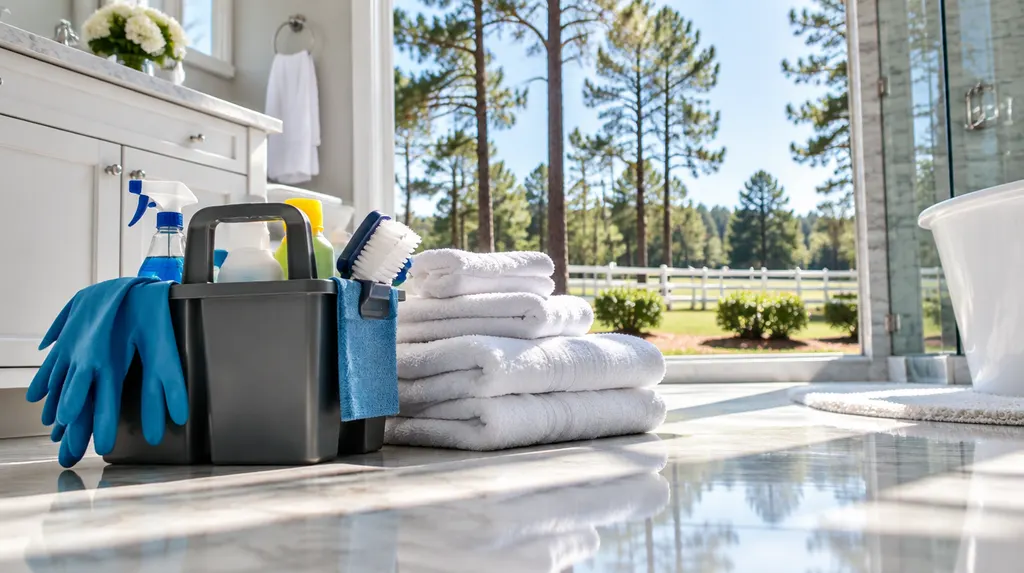 A cleaning caddy and fresh towels in a spotless bathroom in Aiken, SC
