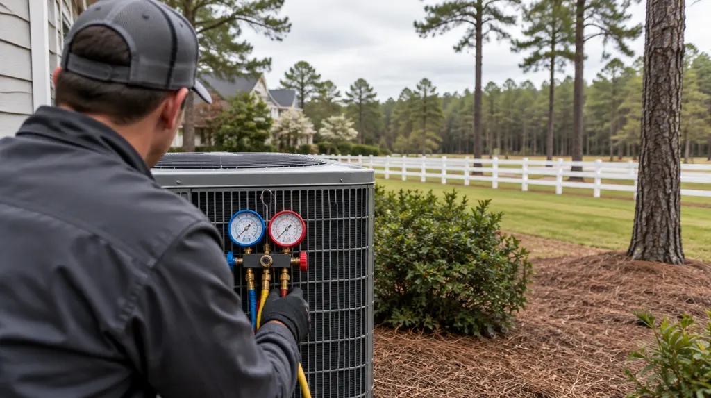 A technician checking a heat pump with gauges in Aiken, SC