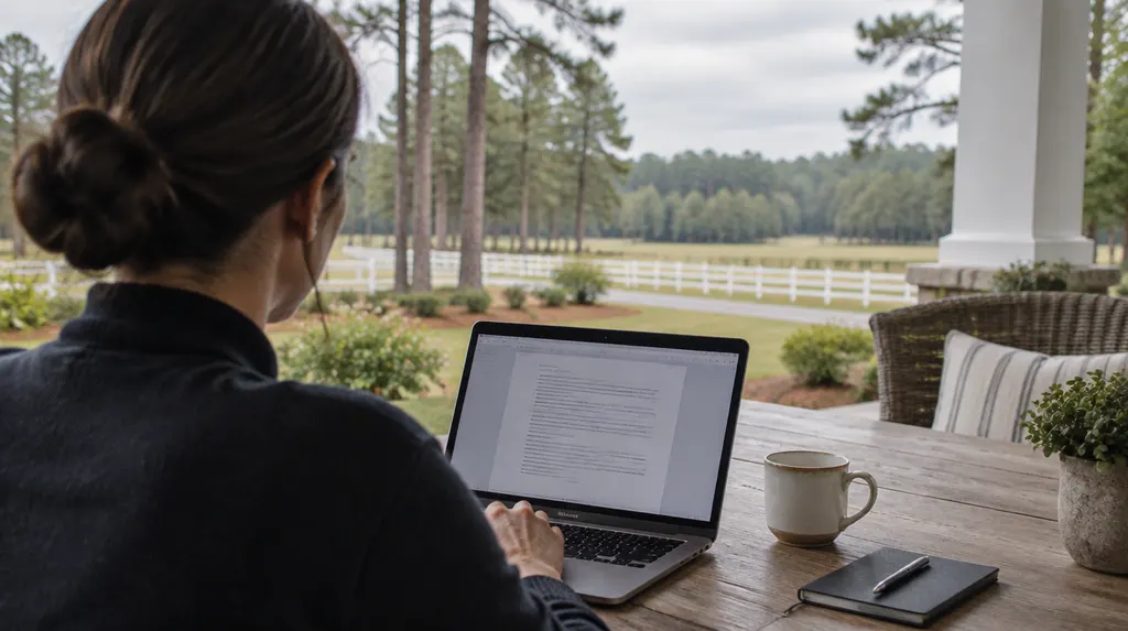 An agent reviewing a policy on a laptop in Aiken, SC