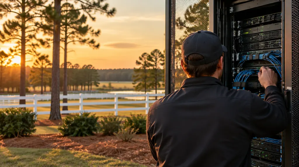 An IT technician working on a server rack in Aiken, SC