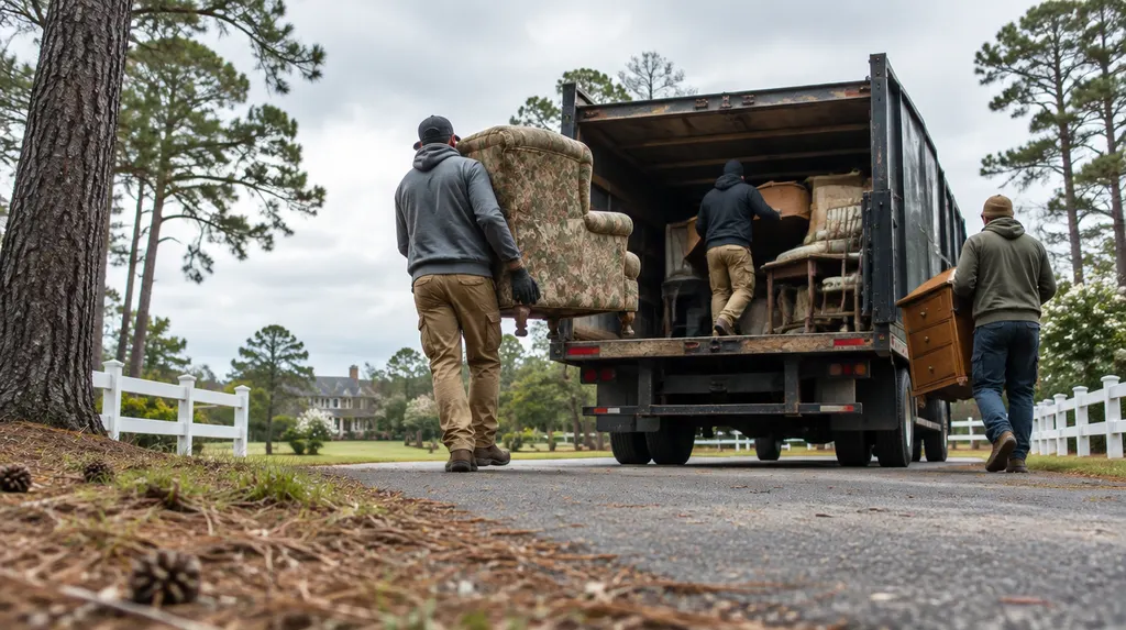 A crew loading old furniture into a junk removal truck in Aiken, SC
