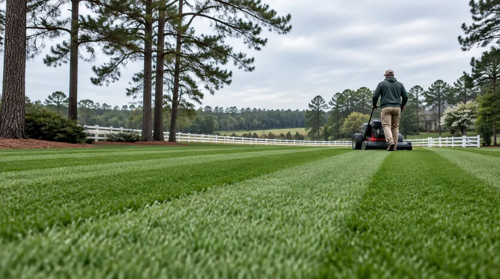 A landscaper mowing a striped green lawn in Aiken, SC