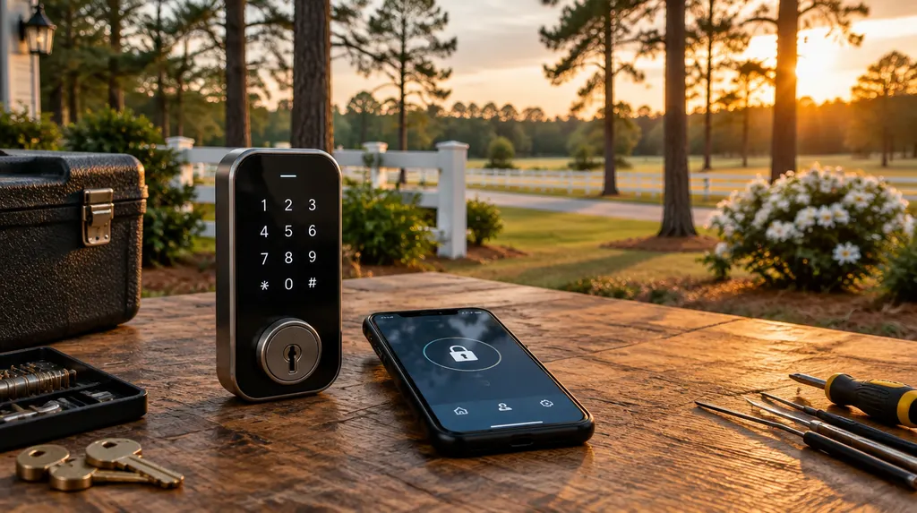 A sleek modern smart lock keypad and a phone app on a locksmith’s table in Aiken, SC