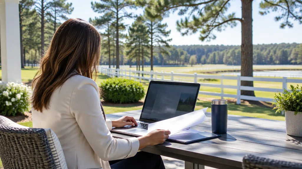 A broker reviewing documents on a laptop in Aiken, SC