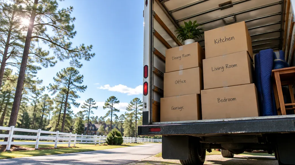 Neatly stacked labeled boxes in a moving truck in Aiken, SC