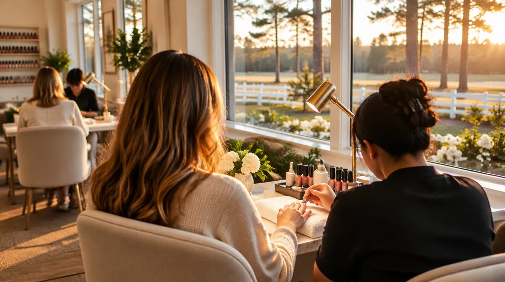 A bright nail salon with manicure tables in Aiken, SC