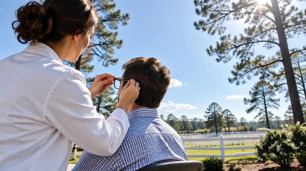 An optician adjusting glasses in Aiken, SC