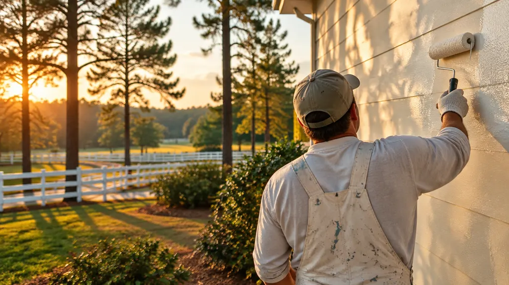 A painter rolling fresh paint on an exterior wall in Aiken, SC